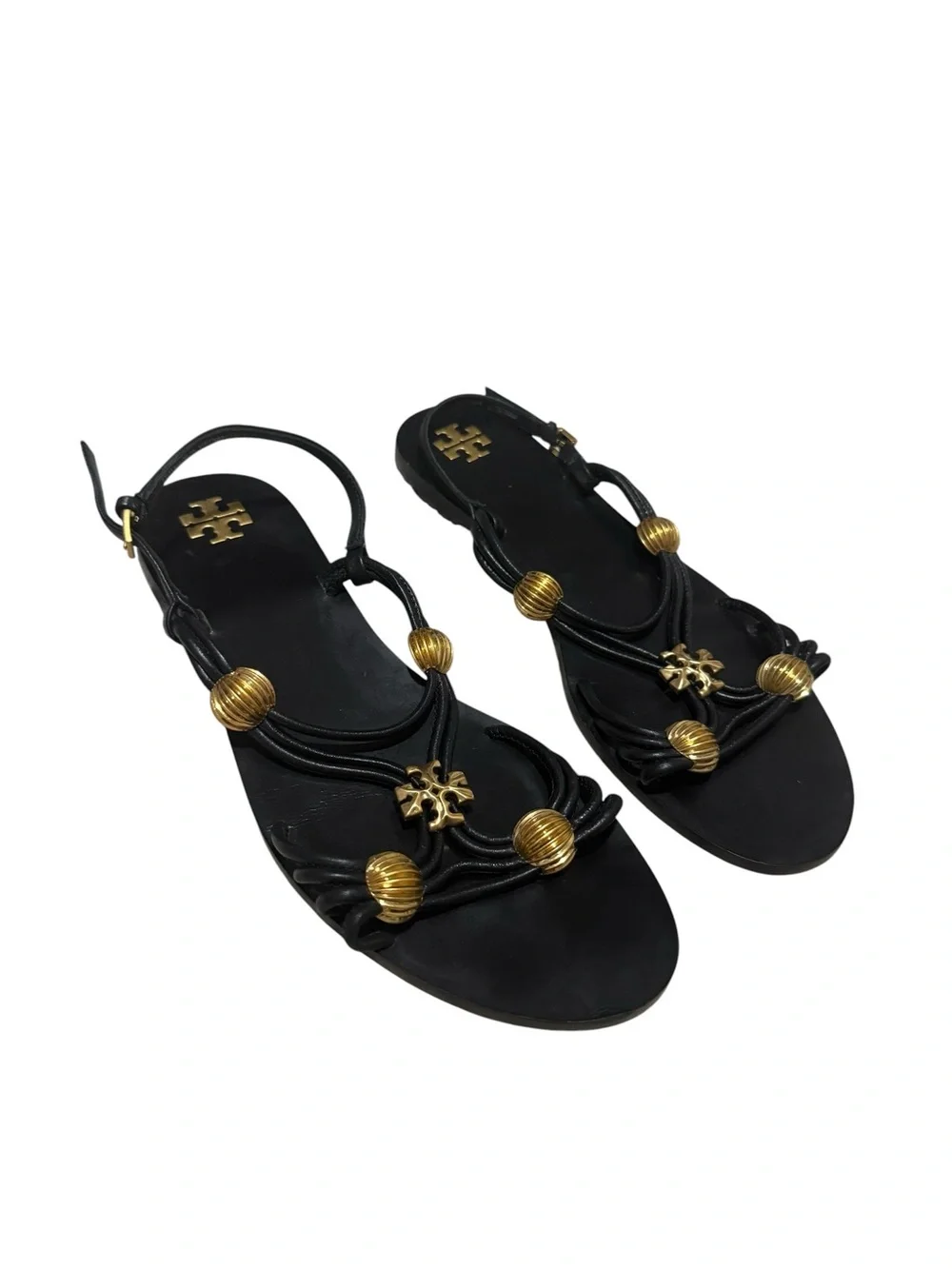 Tory Burch Capri Multi-Strap Sandals in Black and Gold Size 8.5